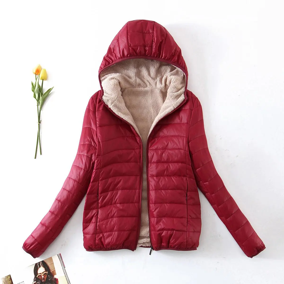 Women's Hooded Padded Coat Zip Up Slim Fit Waterproof Short Warm Winter Outerwear Jacket with Pockets Elastic Cuff Fuzzy Lined