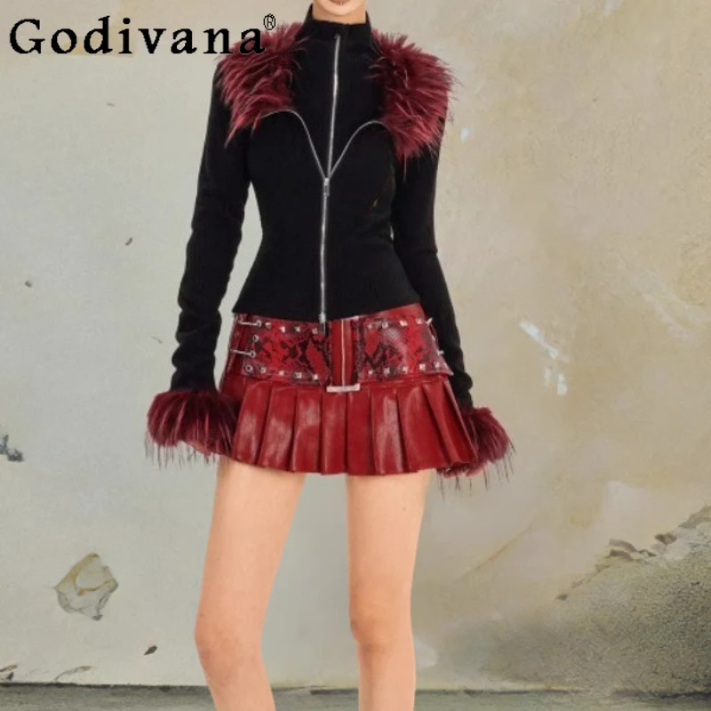 

Fashion High Waist A-line Sexy Girl Age-reducing Red Leather Skirt Pleated Slim Punk Versatile Street Cool Vintage Short Skirts