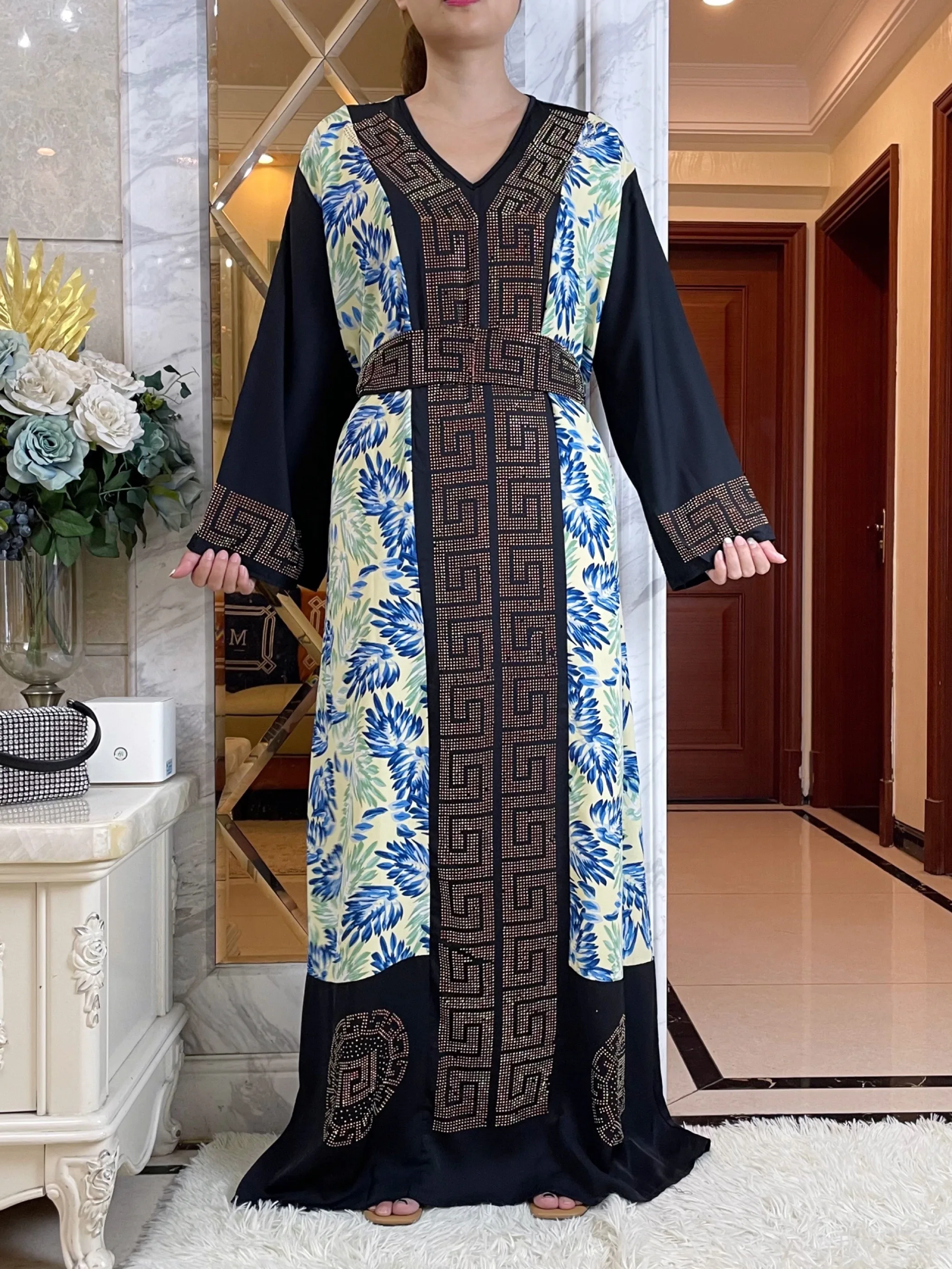 2023African Dresses For Women Autumn  Long Sleeve V-neck With Belt and Scarf  Abaya Robe Ramadan Prayer Diamonds Islamic Clothes