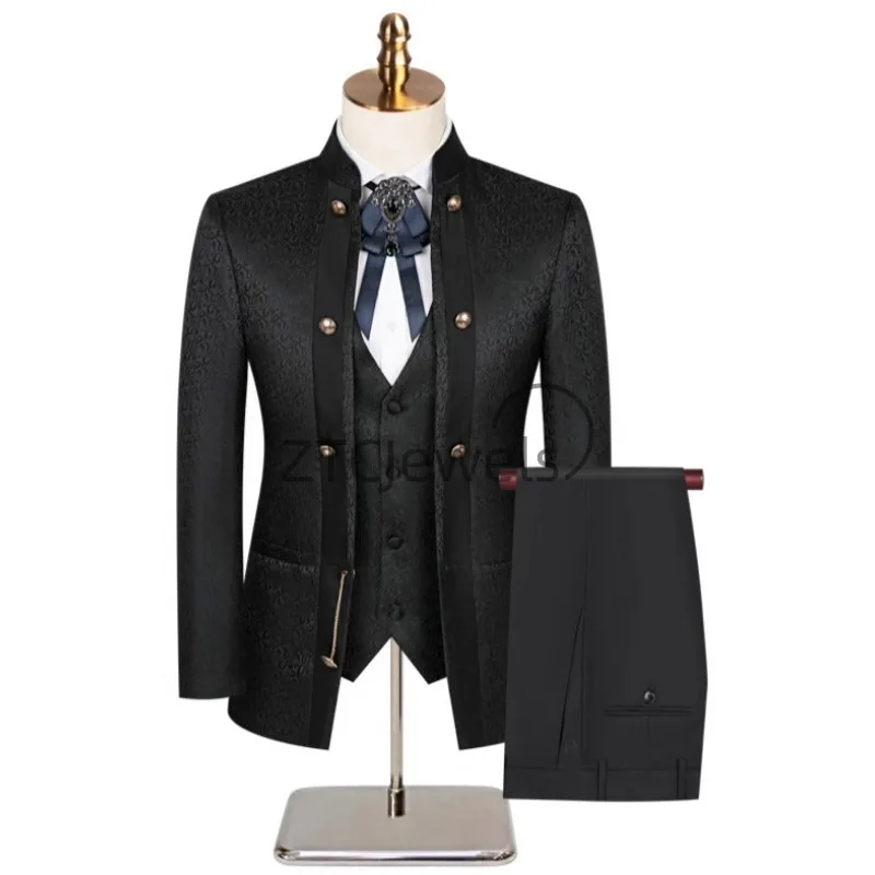 2026 New Chinese Style Men's Suit with Green Fruit Collar and Dark Flower Banquet Wedding Set Groom and Groomsman Gown 3Pc Set view 5