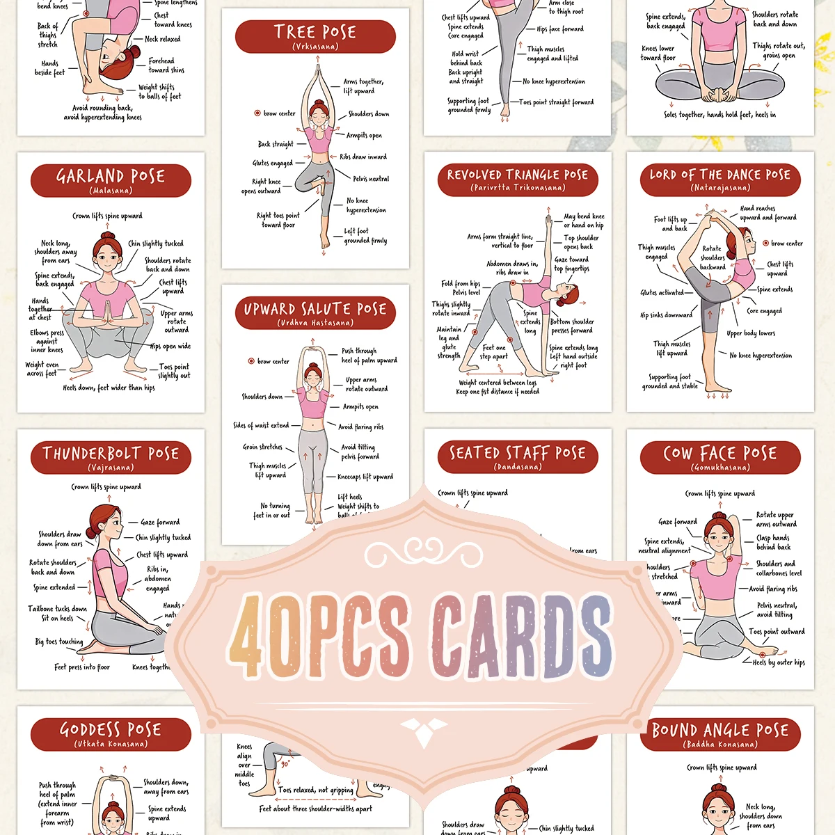 Set of 40 Yoga Pose Instruction Cards, practical training tool suitable for home workouts, studios and nice gifts for ladies