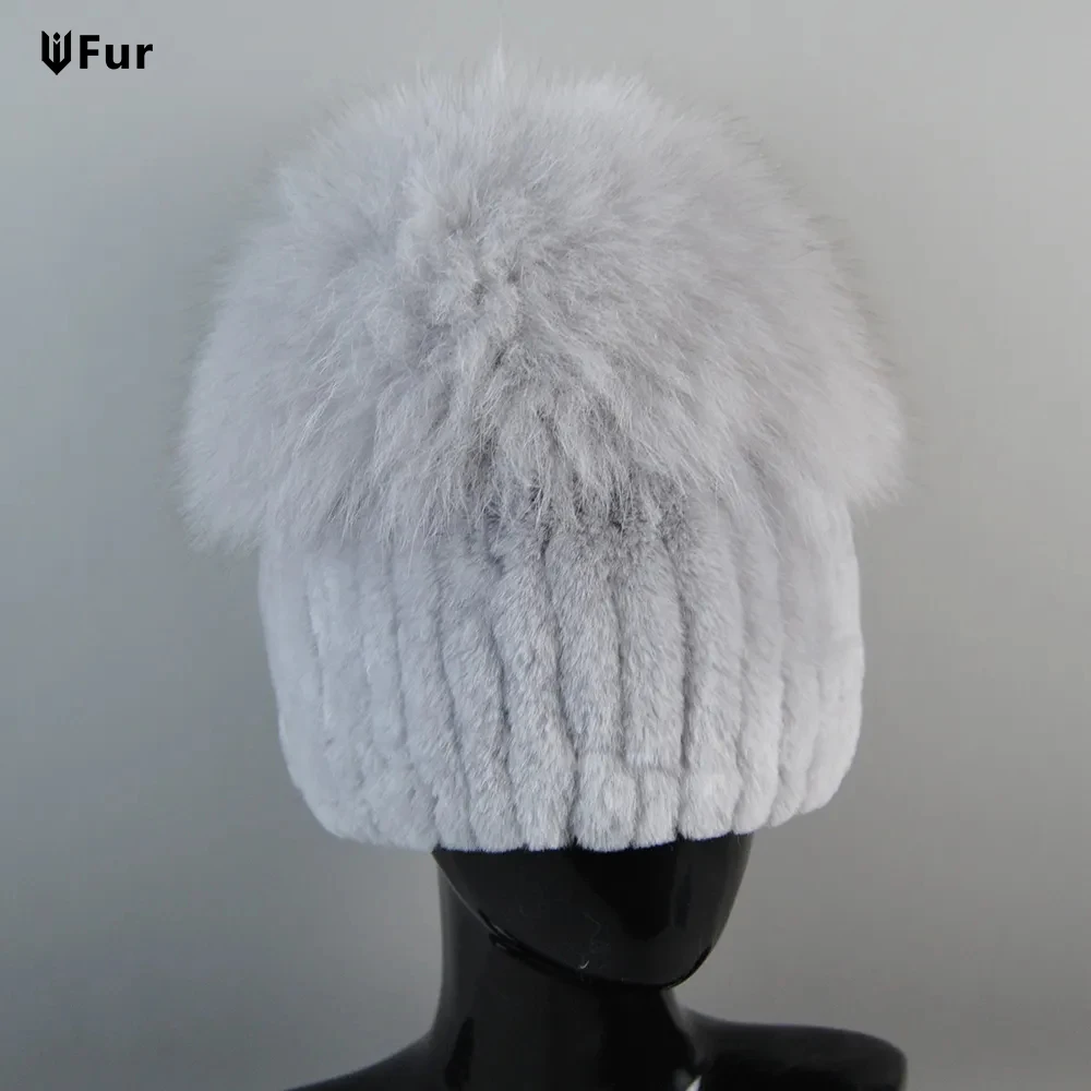 

2024 Lady Winter Real Fur Hats Women Warm Knitted Genuine Rex Rabbit Fur Hat Top Natural Fox Fur Bomber Caps Rex Rabbit Fur Cap