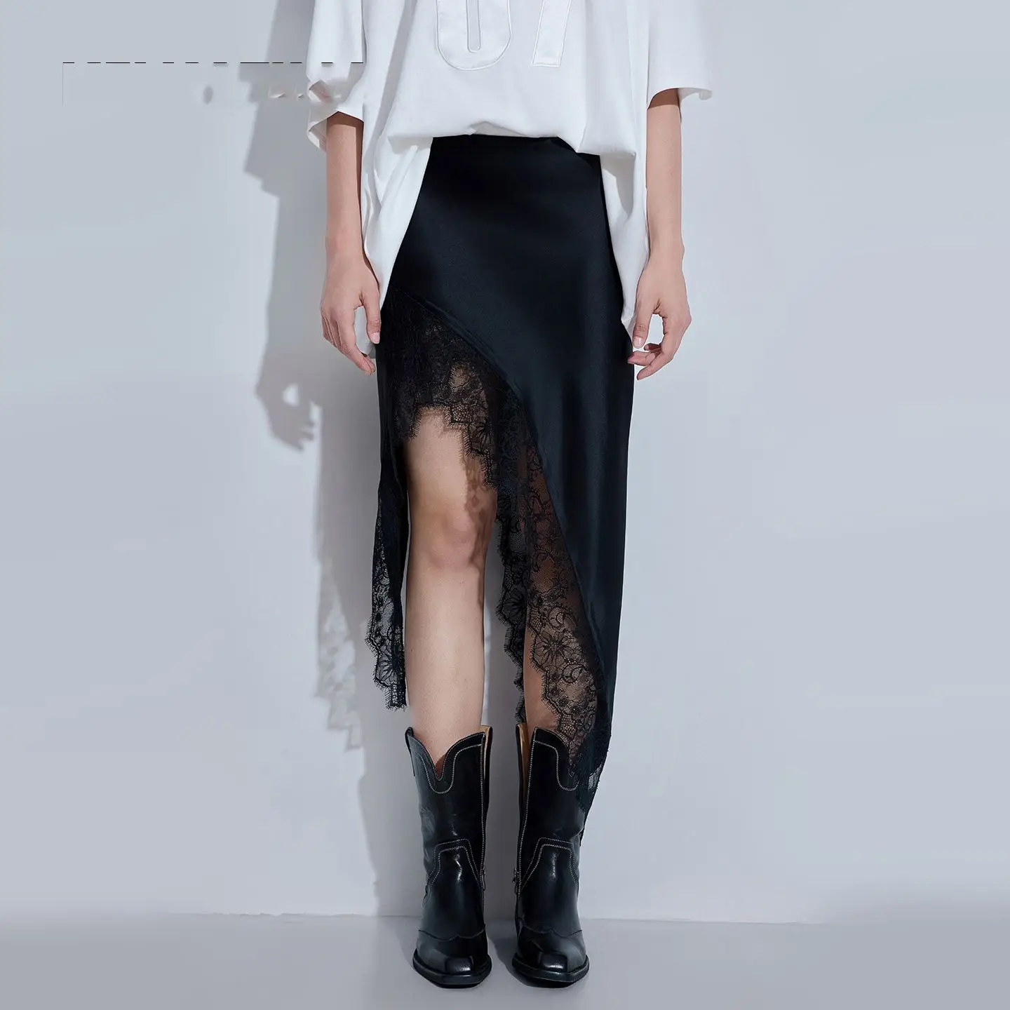 

High Waist Asymmetric Splice Bla Lace Pure Color Ele Long Skirt Spring Autumn New Sle Ladies Faion f-length Skirts