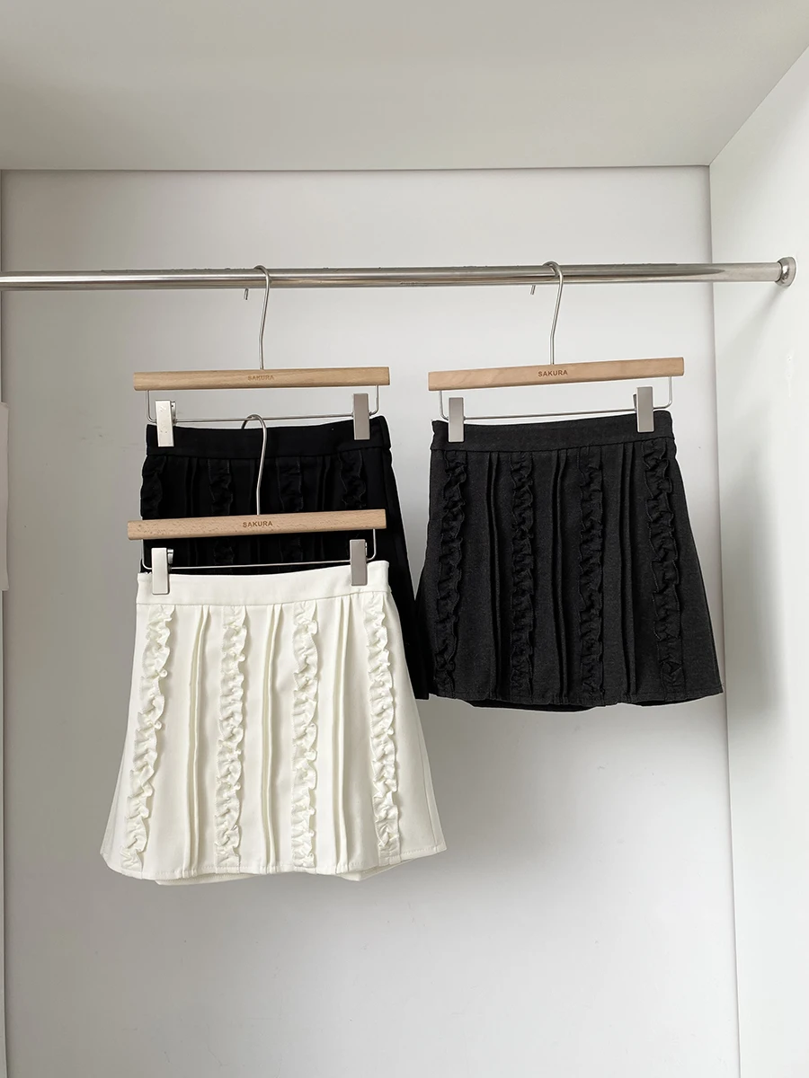 

Women's Elegant Summer Autumn High Waist A Line Ruffled Mini Skirt Lady Streetwear Solid Color High Waist Short Skirt