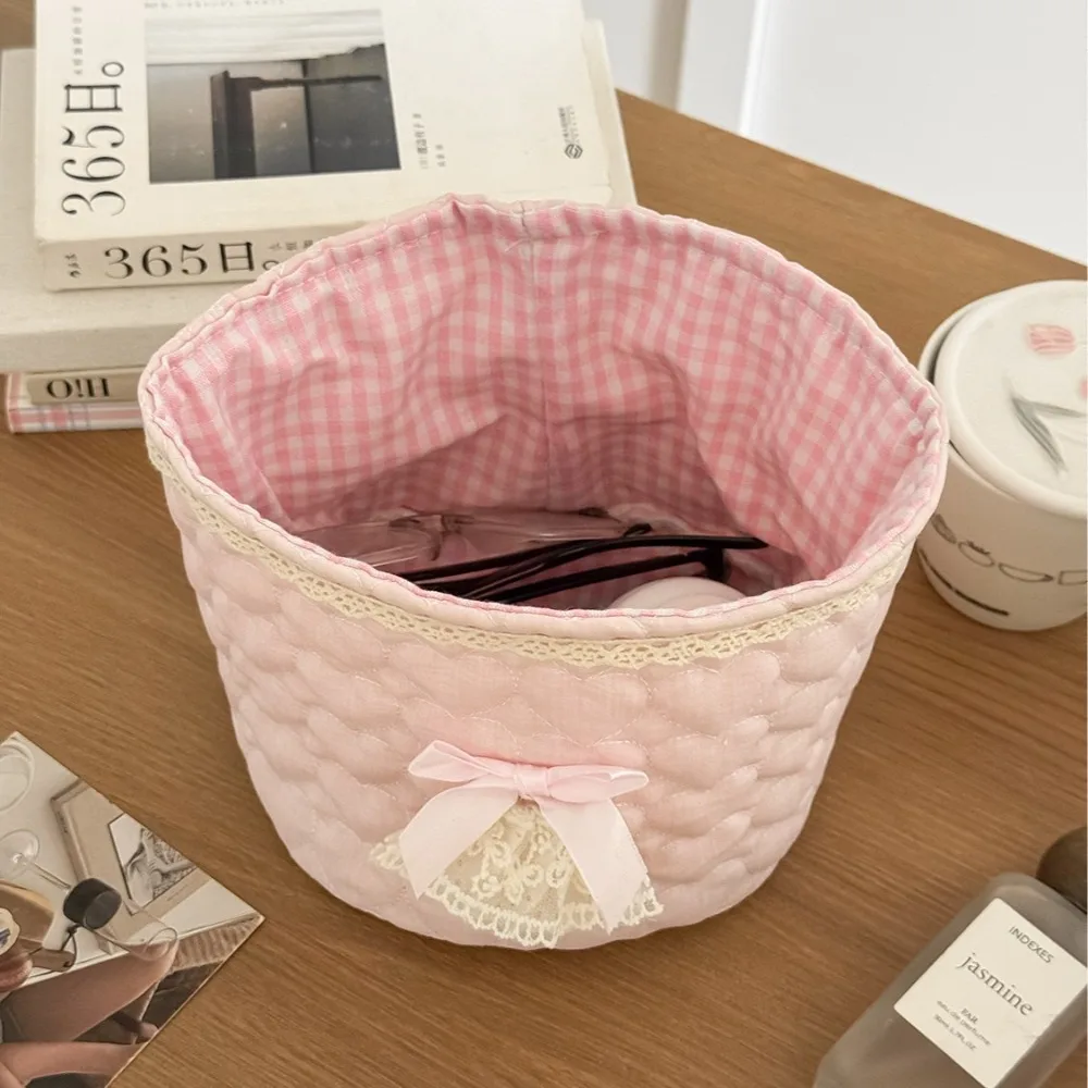Pen Holder Multi-Purpose Storage Basket Quilting Cotton Bow Storage Bag INS Heart Multi-Purpose Basket School&office