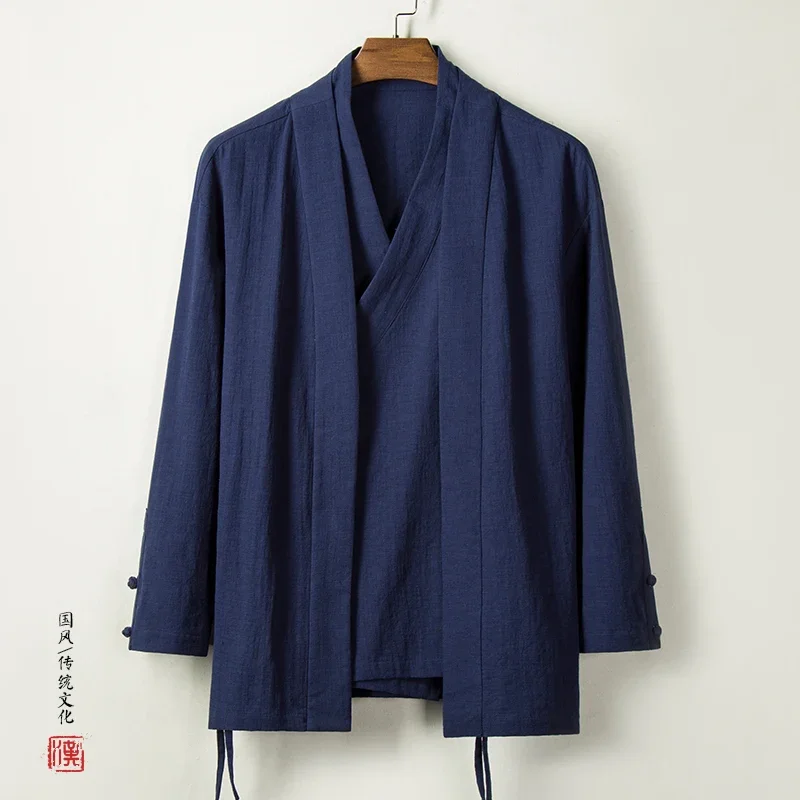 Japanese Male Kimono Cardigan Jacket Cotton Linen V-neck Yukata Samurai Japanese Jiu-jitsu Fake Two-piece Top Asian Clothing