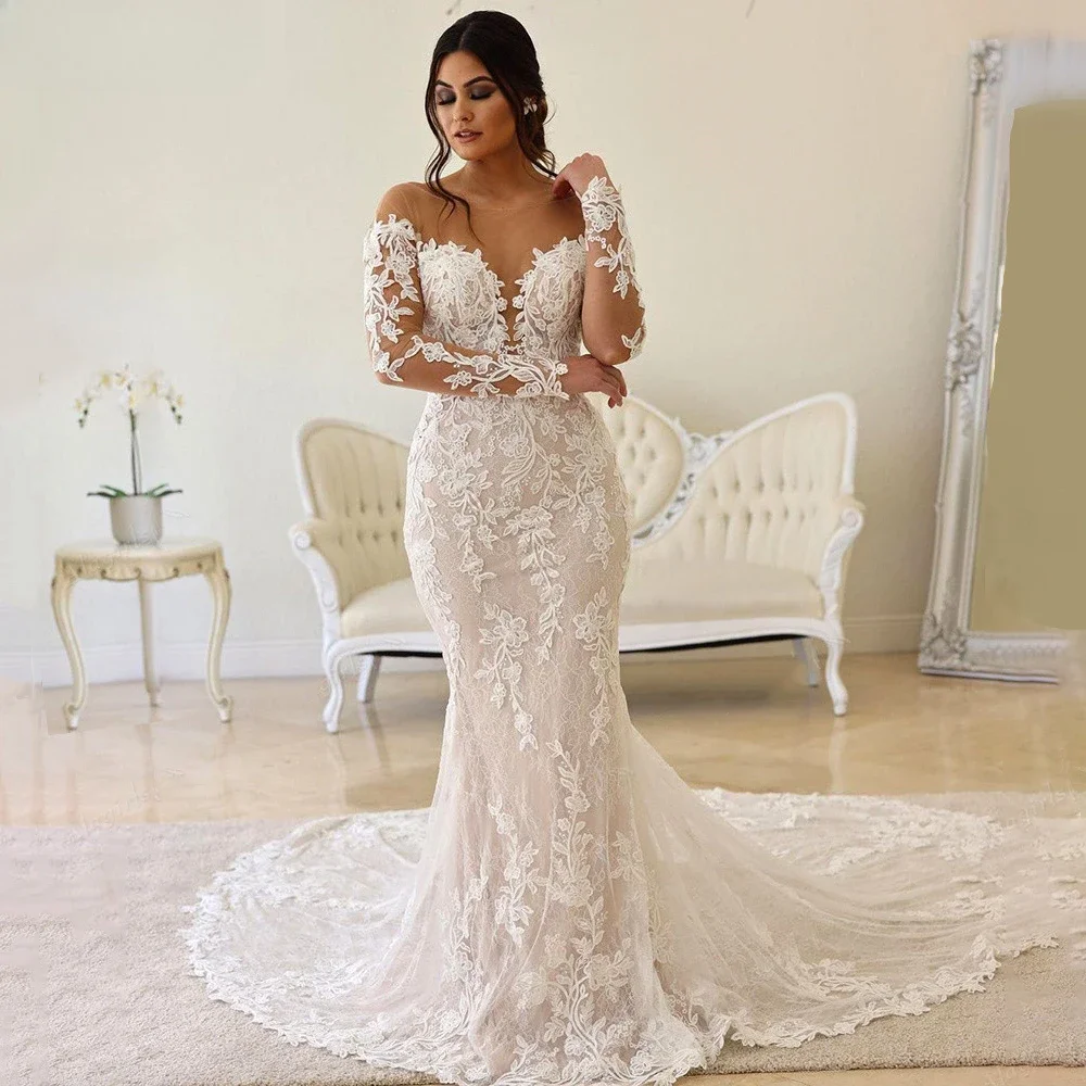 Vestido de novia de sirena de manga larga con apliques de encaje, vestido de novia transparente con cuello redondo, vestidos de ilusión, ropa de boda