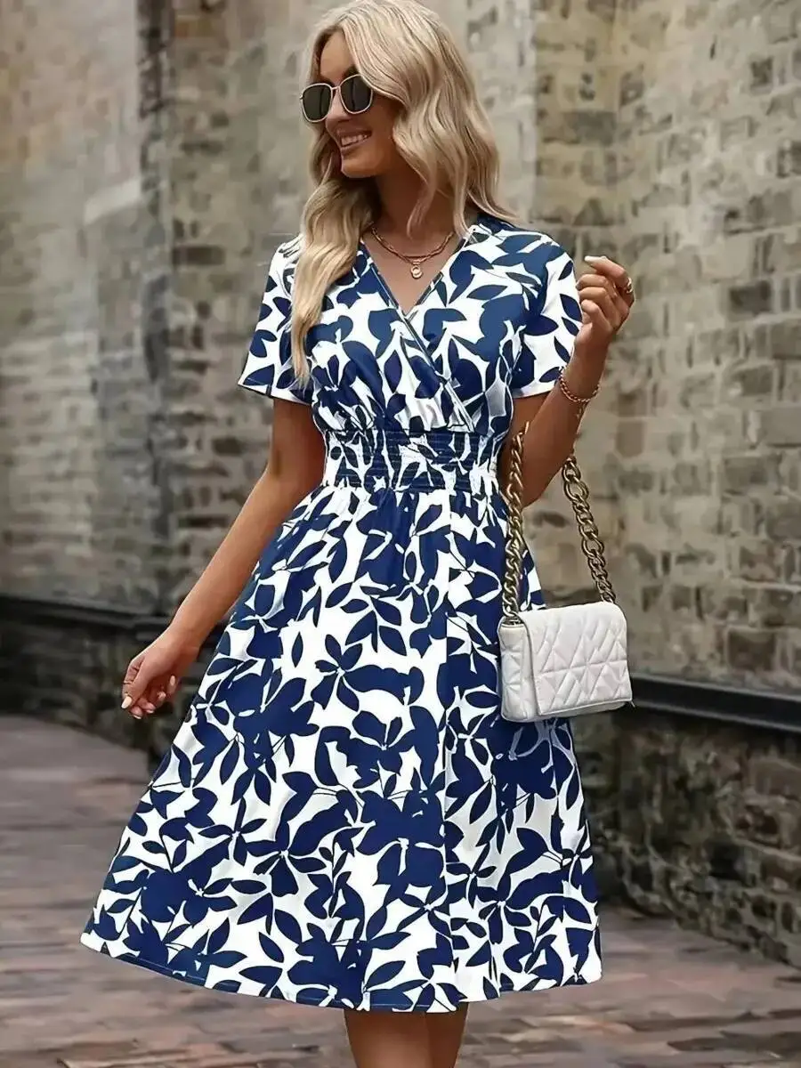 2025 europeu americano nova primavera verão de manga curta com decote em v folha floral bainha grande saia cintura vestido vestidos topos 2kd7