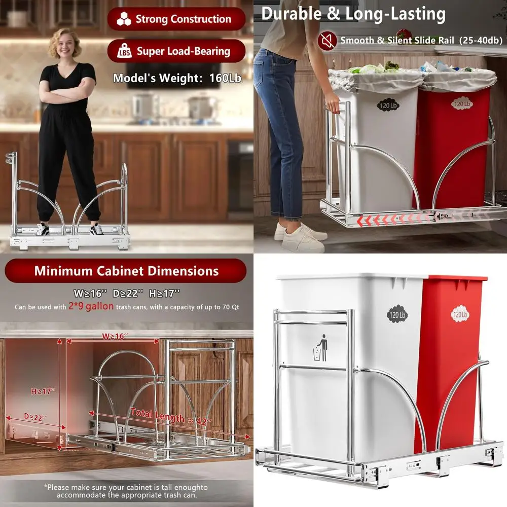 

Heavy-Duty Dual Pull-Out Trash Can, Fits 2x35Qt (7-9 Gal) Commercial Cans, Cabinet-Mounted, Requires 22D x 16W x 17H Space, Silv