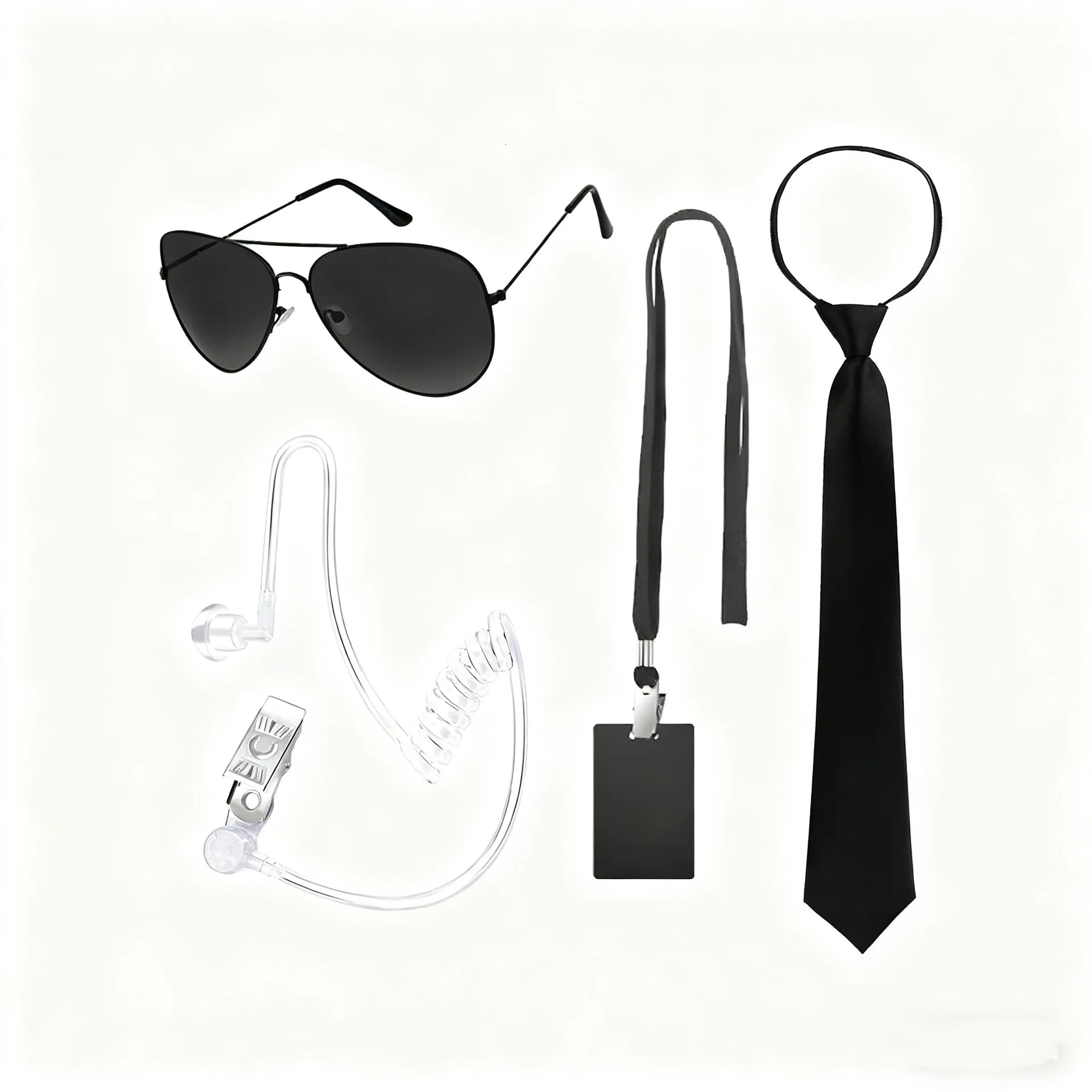 Halloween Agent Costume Cosplay Accessories Set Secret Security Guard Costume Zipper Tie Black Sunglasses Work ID Earplug Set