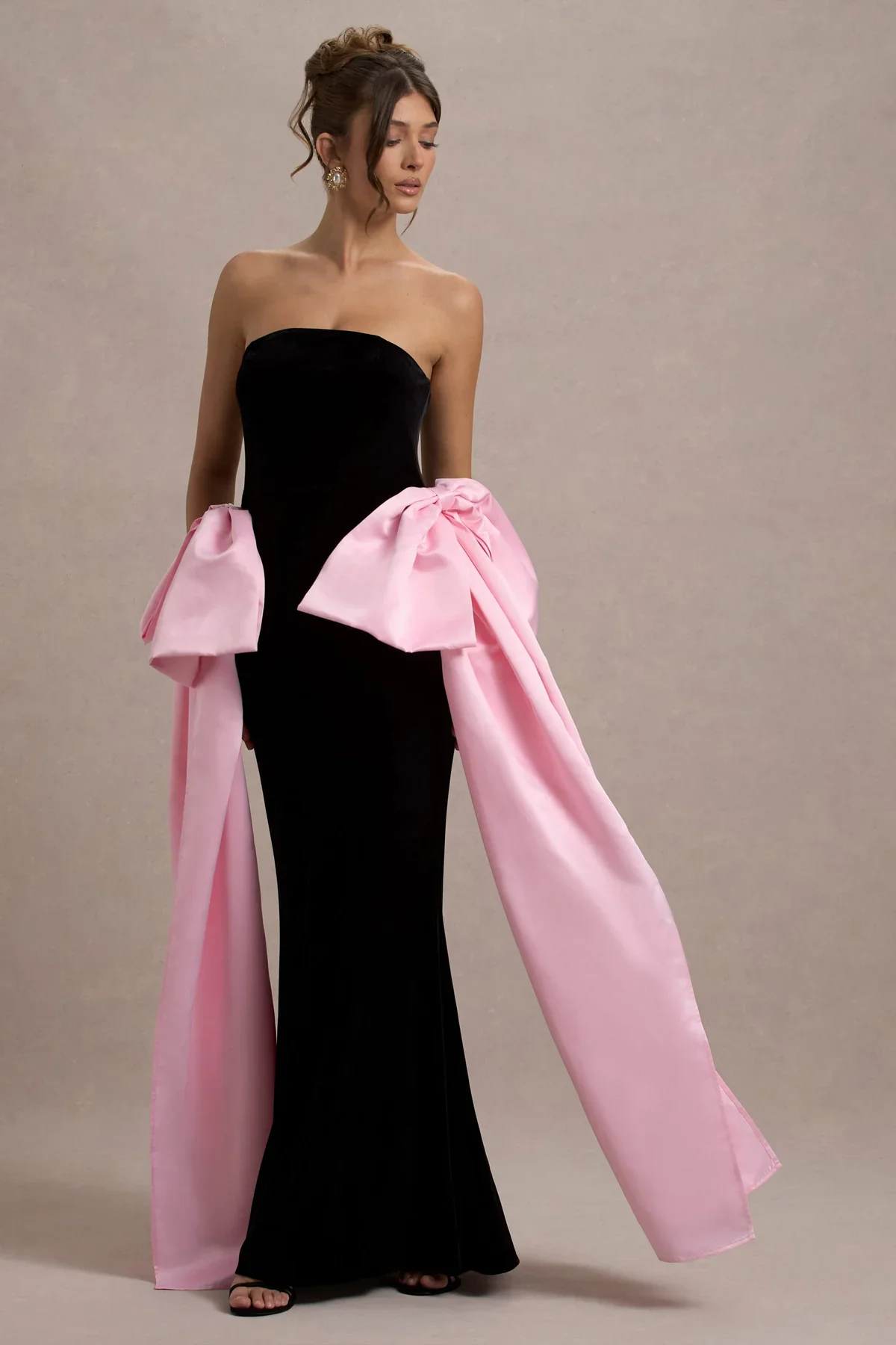 Couture Modest Black Velvet Mermaid Formal Dresses With Pink Bow Decoration Strapless Long Women Maxi Dress To Party