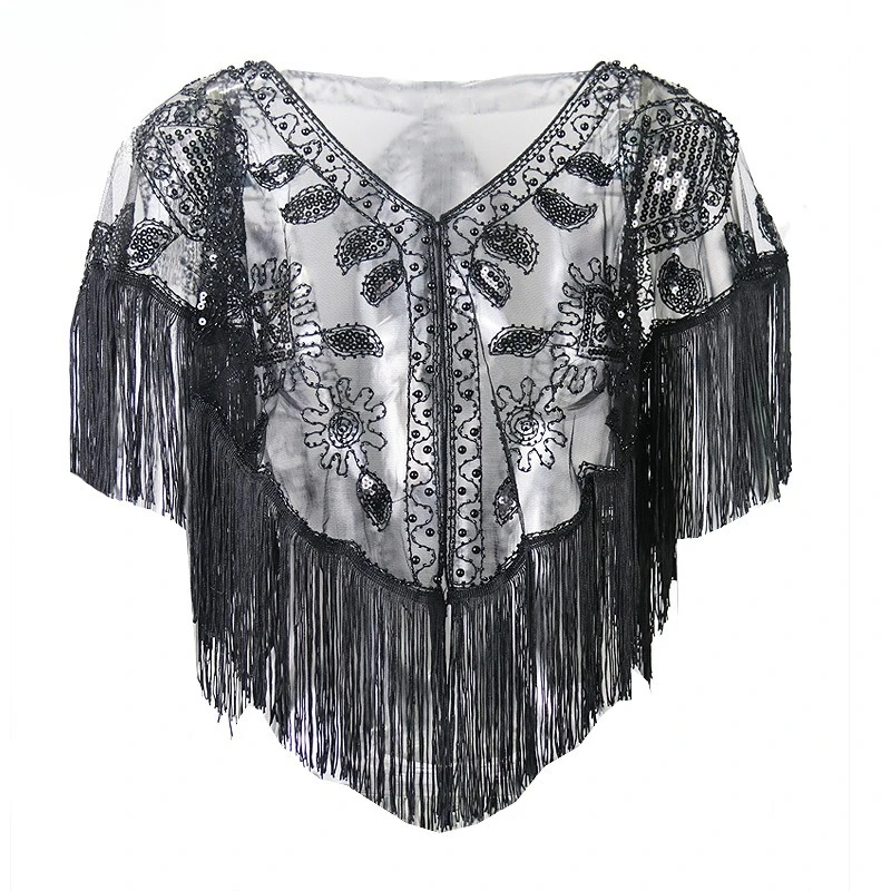 Bolero corto con flecos, capa de lentejuelas de los años 20, vestido de fiesta de Gatsby, capa de hombro Qipao china