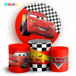 Racing Cars Mcqueen Theme Round Backdrops Boy Birthday Party Background Elastic Cylinder Pliths Covers Photography Customized