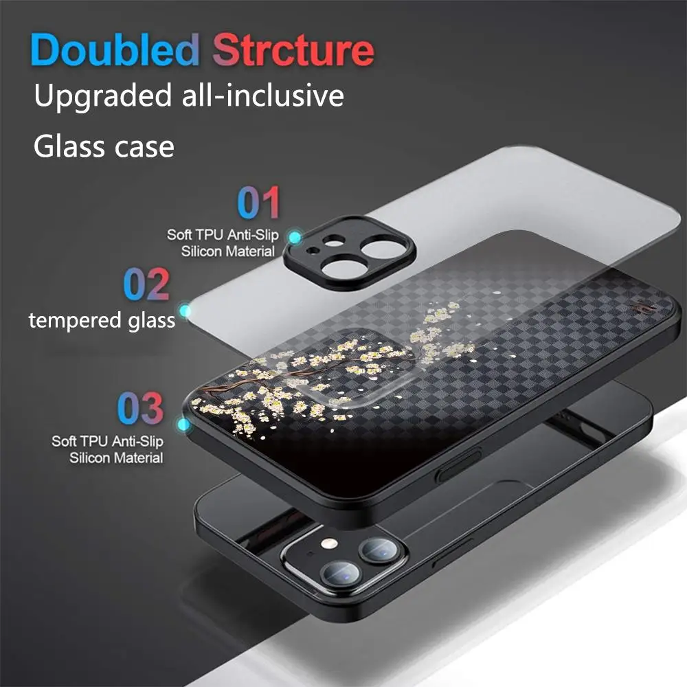 Coque de téléphone HD créative en verre trempé motif fleurs de cerisier pour iPhone 16 Pro Max, 14, 12, 17 Pro, Air, 15, 16 Plus, 13 Pro Max