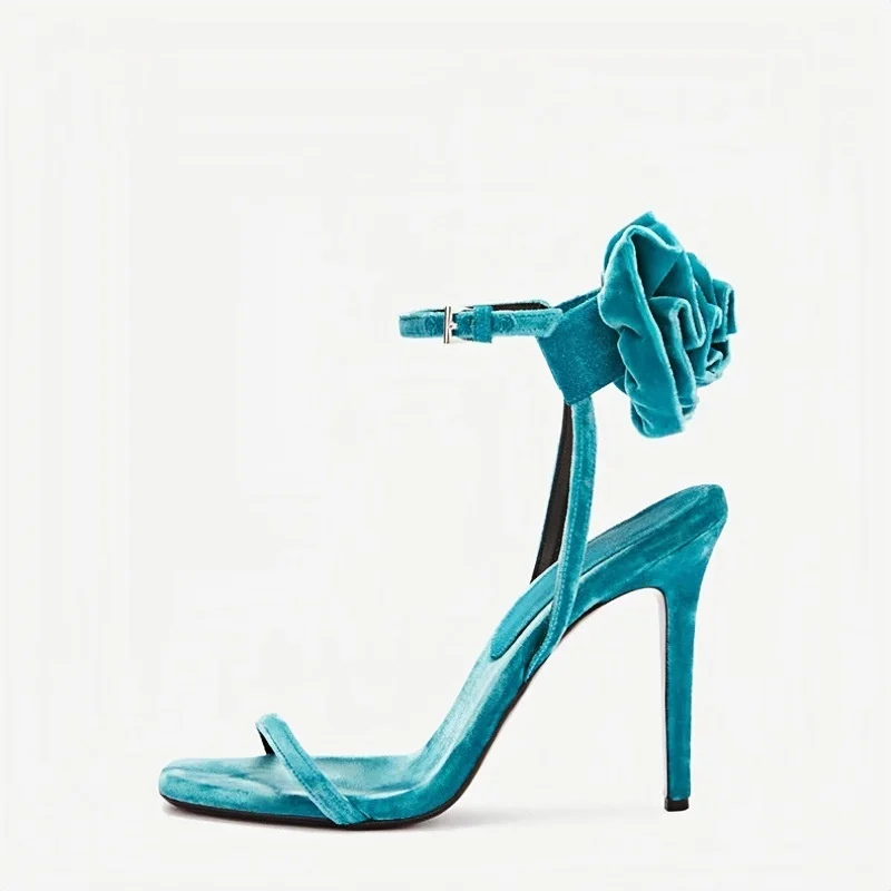 Women's Teal Velvet Heels 3D Rose Ankle Detail Design Sandals Stiletto Heel Ankle Strap Elegant Vintage Ladies Luxurious Shoes - view 2