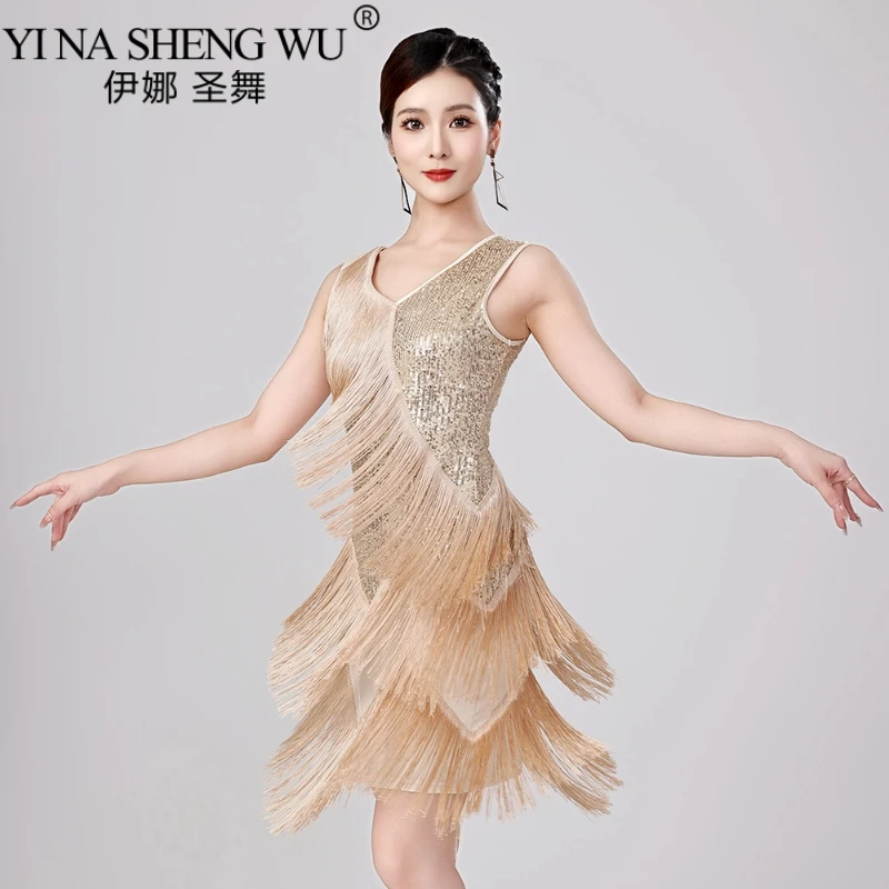 فستان شرابة للرقص اللاتيني مزين بالترتر للنساء فساتين أداء تانجو رومبا سامبا للبالغين ملابس حفلات المنافسة اللاتينية