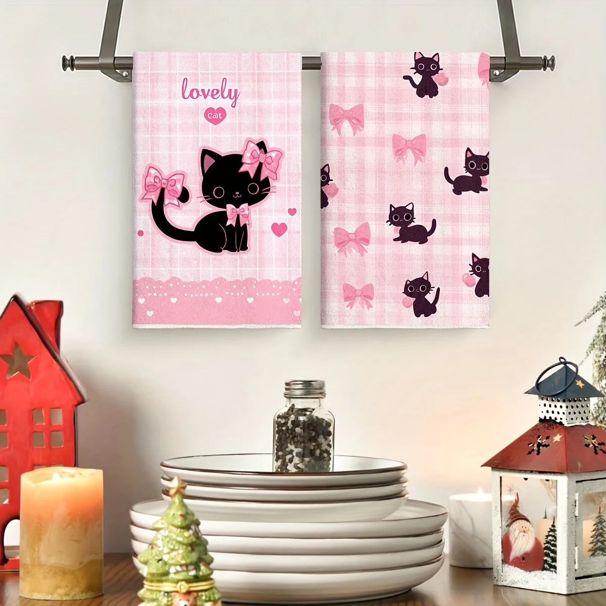 Soft and durable: Modern kitten cute bow pink kitchen towel - 2 pieces