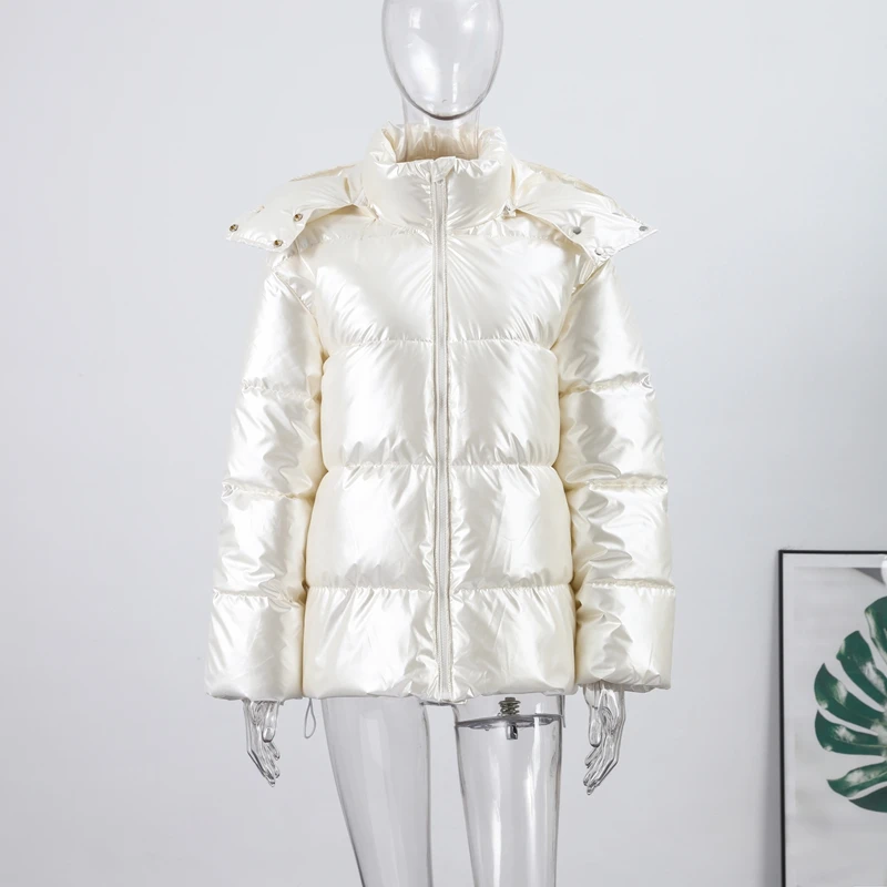 

Женская хлопковая куртка со съемным капюшоном, лакированная женская куртка на молнии с длинными рукавами и карманами, свободные повседневные пальто большого размера для женщин