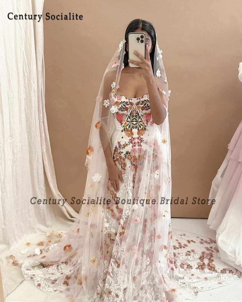 Abito da sposa floreale Boho da donna senza spalline fiori colorati ricamo abiti da sposa in pizzo per la sposa Robe de Mariee personalizzato