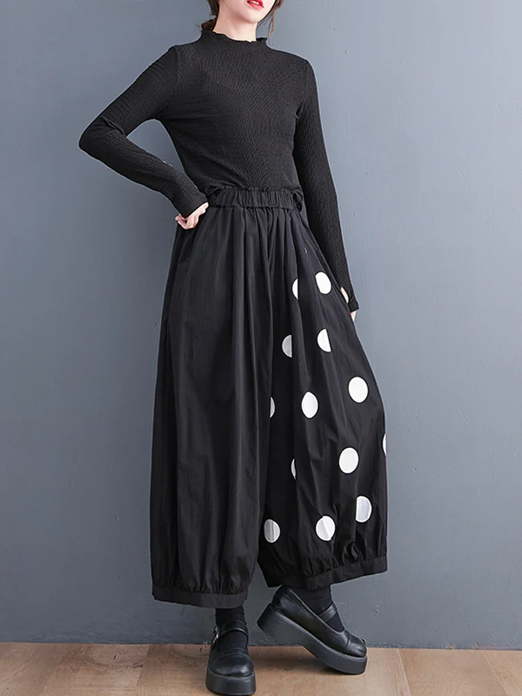 Black Vintage Polka Dot High Elastic Waist Wide Leg Pants Women New Spring Autumn Casual Loose Trousers Fashion Streetwear 2024