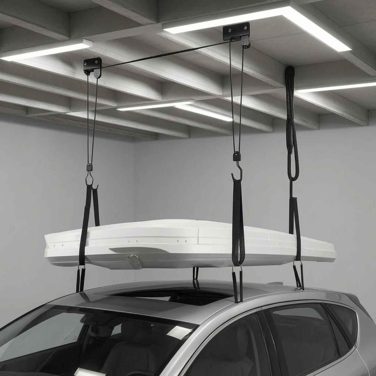 Fotografia 4: Sistema de Elevação de Teto com Ganchos Reforçados para Armazenamento Aéreo, Metálico Preto de Alta Capacidade