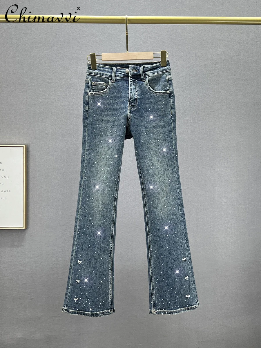 

Heavy Hot Drilling Denim Bootcut Trousers Denim Pants 2024 Autumn Clothes New Fashion Stretch High Waist Slim-fit Jeans Women