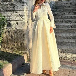 2024 New Sexy Lace Stitching White Maxi Dress Women Elegant Beaded Embroidery Long Sleeve Dress Lady Slim Lapel Banquet Dresses