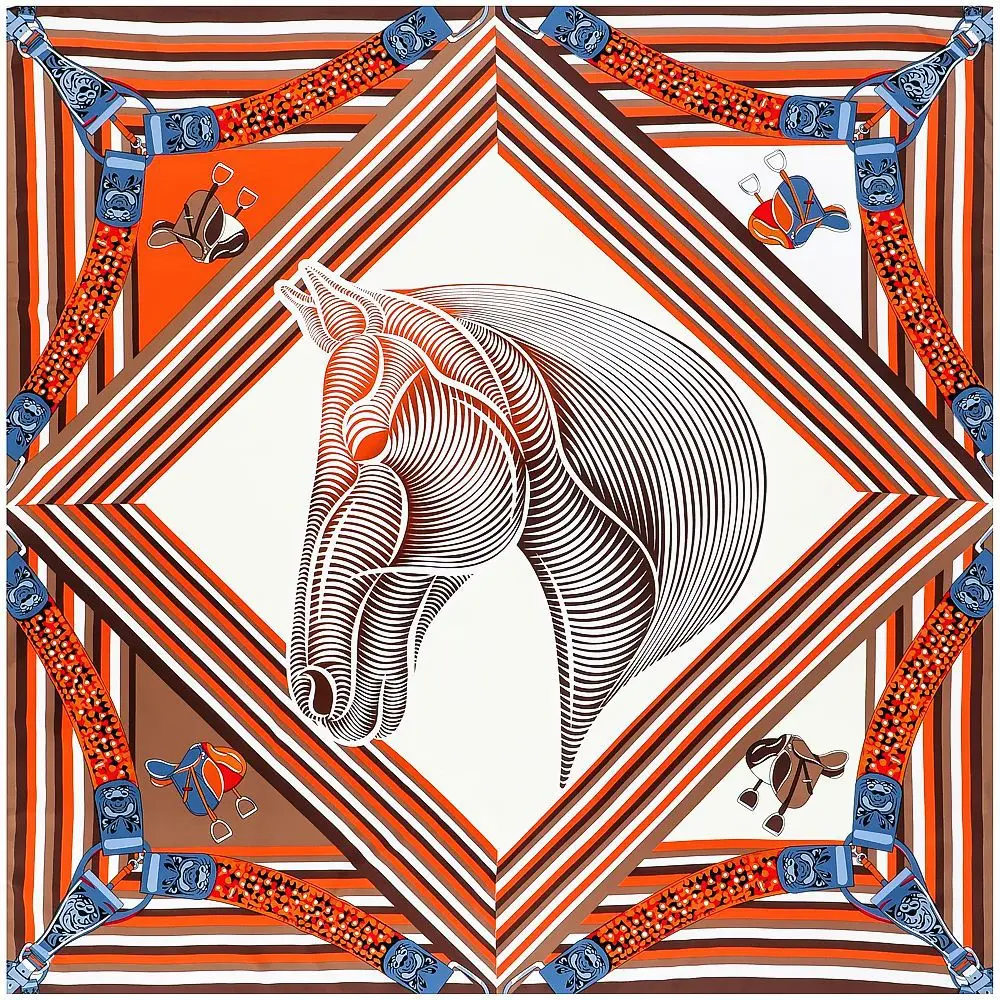 

POBING Silk Scarf Women Horse Head Print Stoles Square Scarves Wraps Large Bandana Kerchief Hijabs Female Silk Foulards 130CM