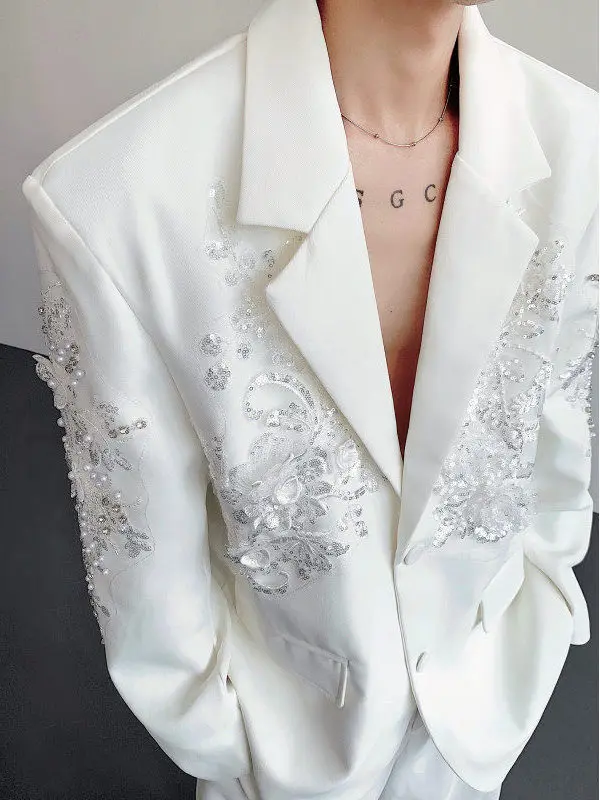 

Handmade Diamond Embellied High-End Men's Suit Jaet Spring Faion Casual Polyester Fiber Straight Hemline Long Sve