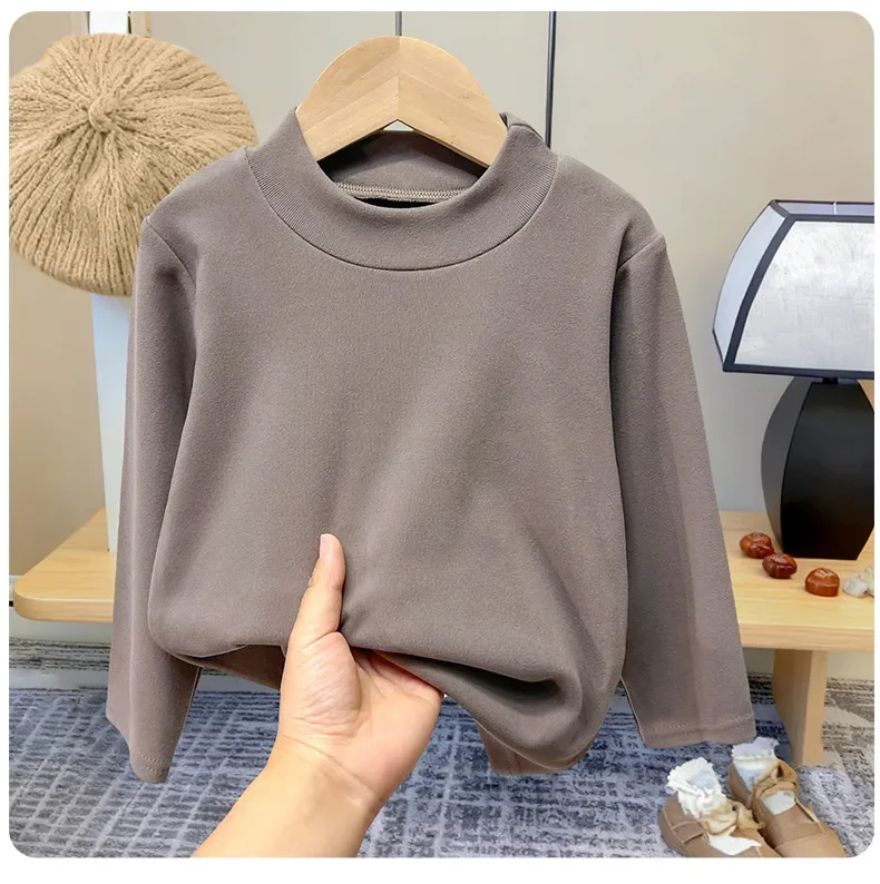 Winter Baby Warme Top Jungen Mädchen Samt Innen Einfarbig Unten kinder Halb Hohe Kragen Langarm T-shirt Kinder Kleidung – Detail 6