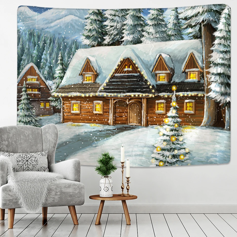 Home Decor Christmas Snow Forest Cottage Print Tapestry Boho  Hippie Wall  Backdrop Fabric Рождественский гобелен