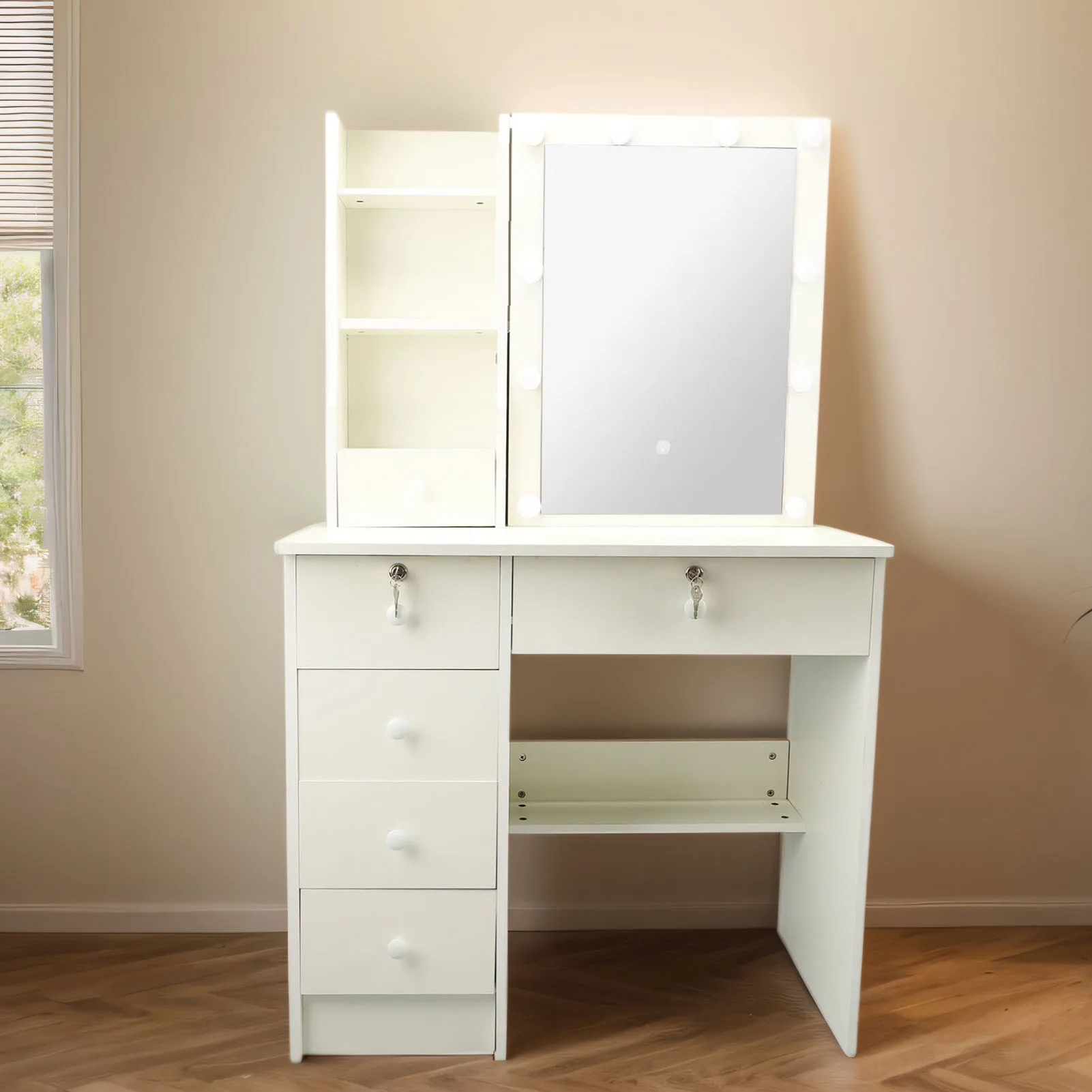 

Vanity Desk Lighting Mirror Cream Dressing Table Stable Structure US Plug 100 To 240V MDF Board with Drawers for Apartment
