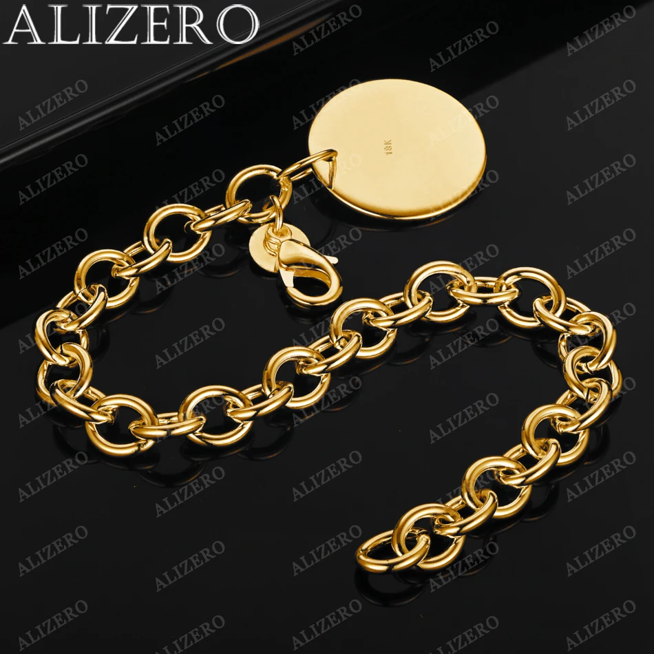 

ALIZERO 925 Sterling Silver 18K Gold Plated Round Card Charm Bracelet For Women Men Fashion Party Accessories Jewelry Gift