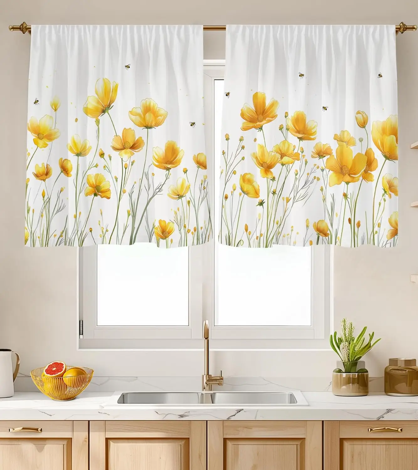 Yellow Flower Curtains Poppy Bloom Print with Bee for Kitchen Living Room Bedroom Window Farmhouse Decor