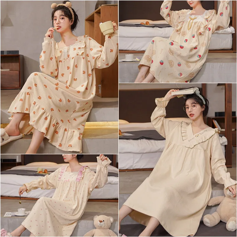 Women Pajamas Spring and Autumn Cotton Long-Sleeved Nightgown Dress Cute Sweet Strawberries Homewear Gril One-Piece Floral Robe