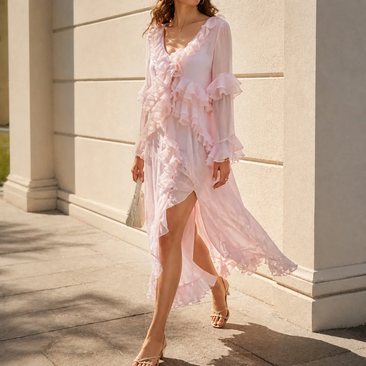 Women's Elegant Party Dress for Summer with V Neck Flared Sleeve Loose Fit Ruffle Hem Midi Waist Solid Color Pullover