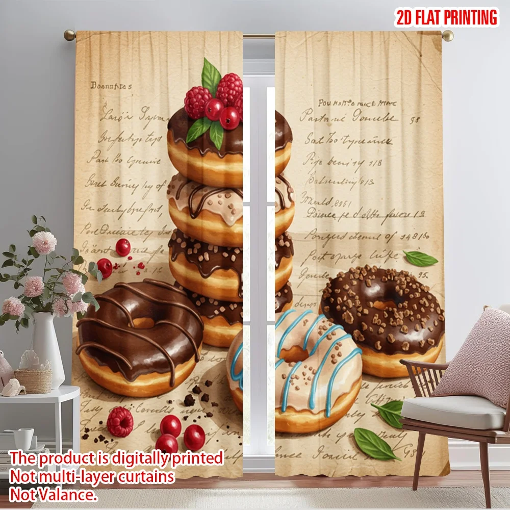 

2pcs 2D flat printing Curtain Delicious Donuts Chocolate Raspberry Polyester Fabric Without Electricity Festive Curtains Perfect
