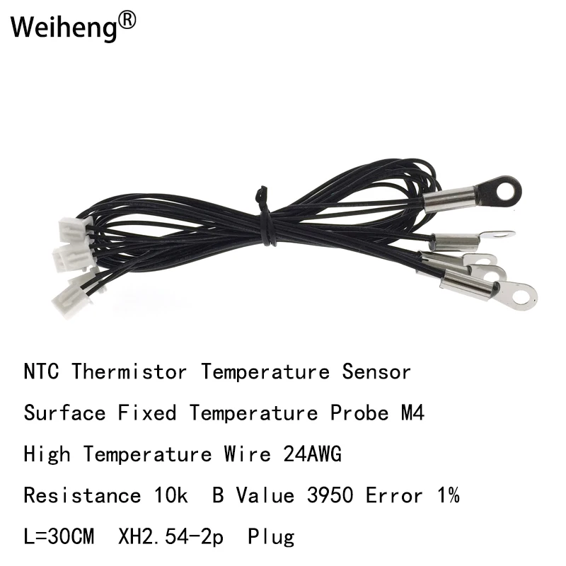 10PCS Surface Fixed  Probe M4 10K B3950   High Temperature Wire 24AWG Long 30CM XH2.54- 2P Plug NTC Thermistor