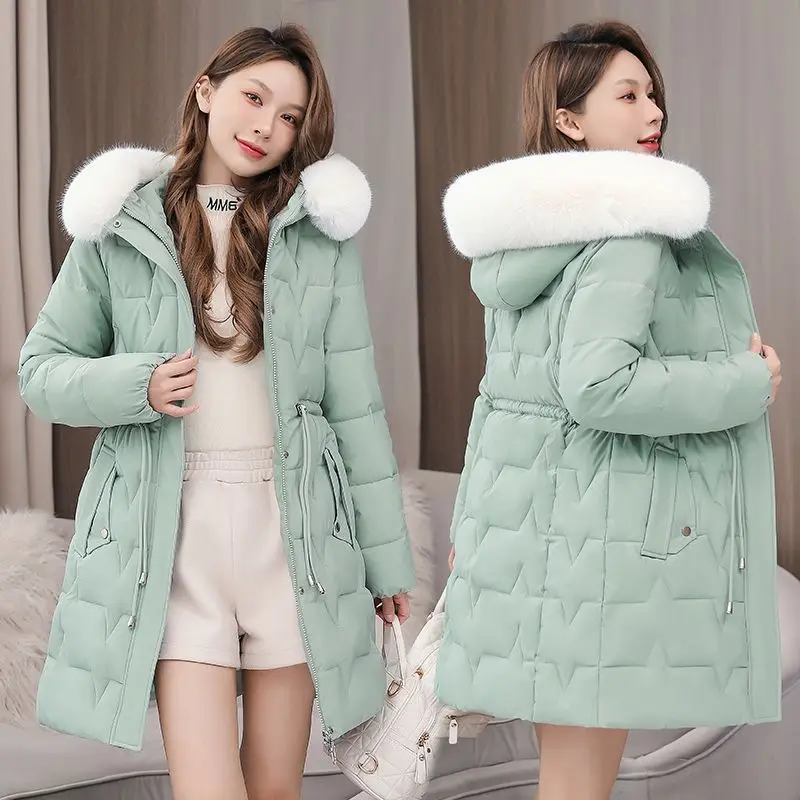 2025 New Winter Coat Women's Jacket Fur Neckline Long Basic Coats Thick Jackets Cotton Padded Outerwear Parkas Female Clothes
