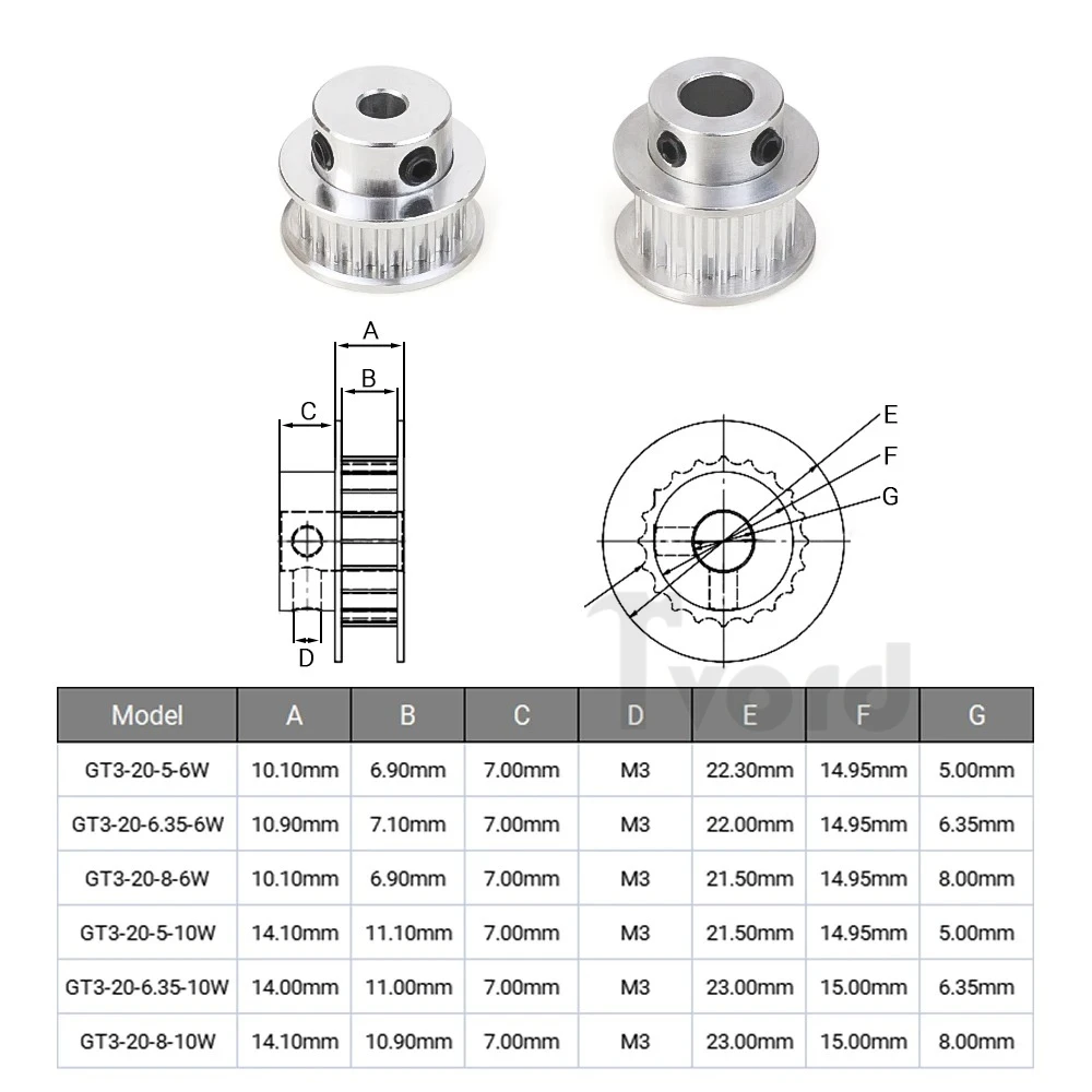 2Pcs/lot GT3 Timing Pulley 20 teeth Bore 5mm 6.35mm 8mm for width 6mm 10mm 3GT Synchronous Belt Small backlash 20Teeth 3D Part