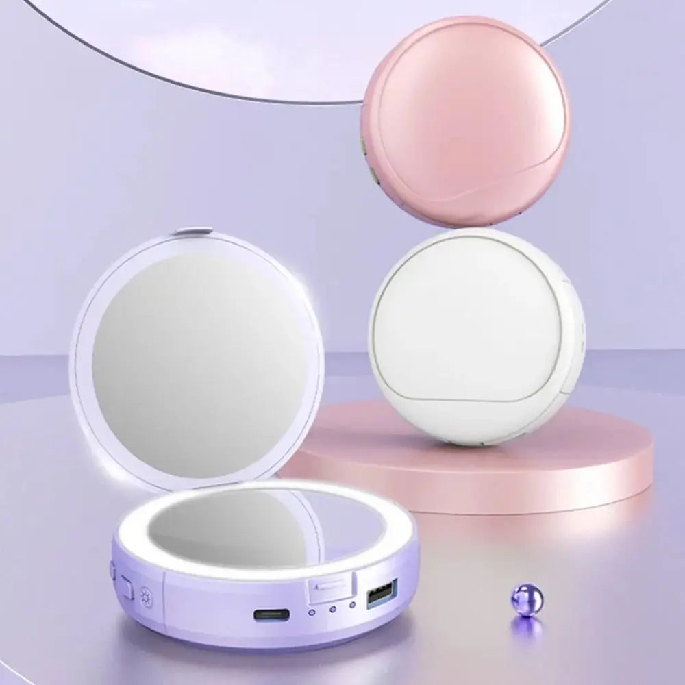 مرآة مكياج LED 4 في 1 للطاقة المتنقلة، عدسة مكبرة 3 أوضاع، مرآة تدفئة مضاءة، بطارية متعددة الوظائف ذات سعة كبيرة