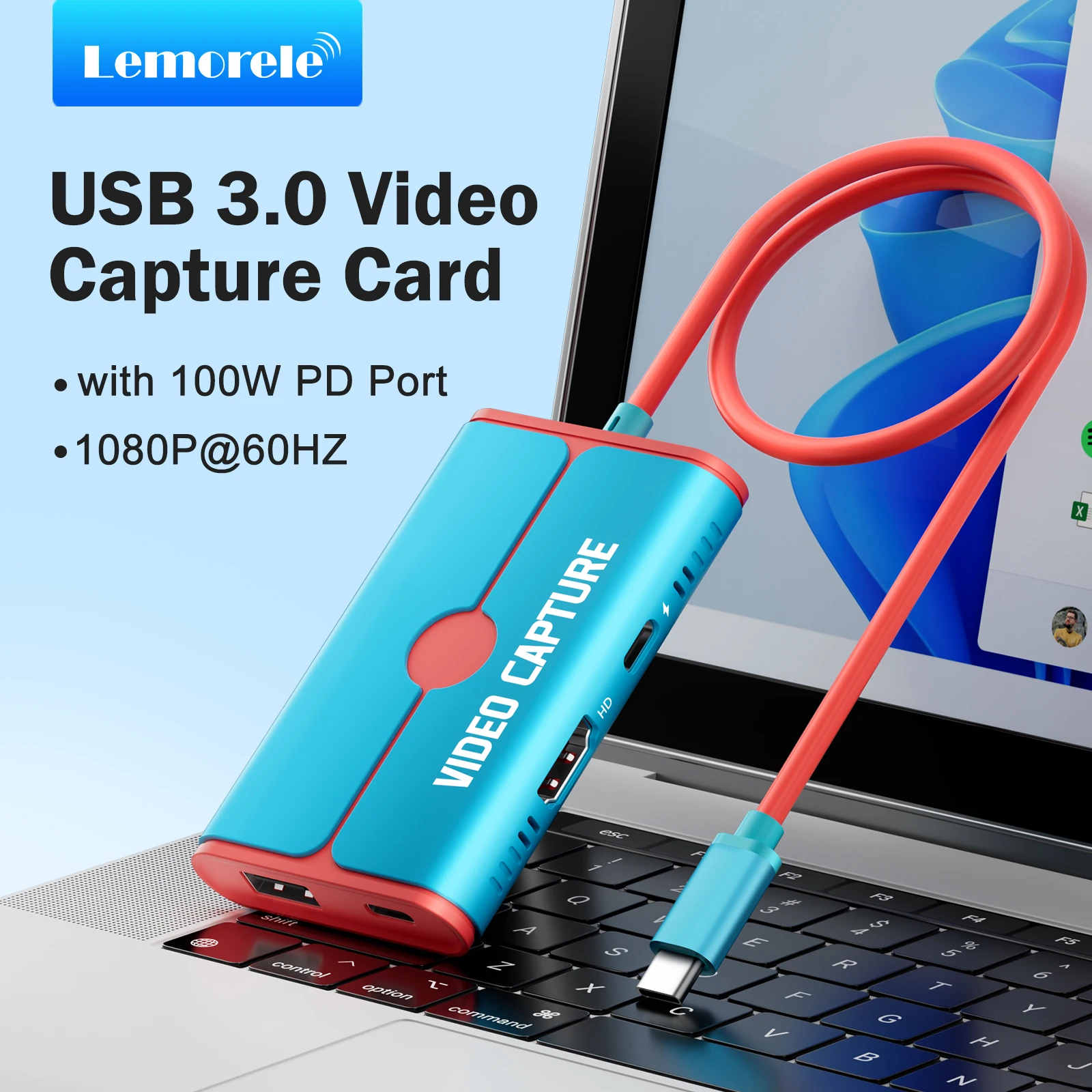 

Lemorele USB 3.0 Video Capture Card With 100W PD Type-C to HDMI/USB Video Recorder for Game Recording Live Streaming Grabber