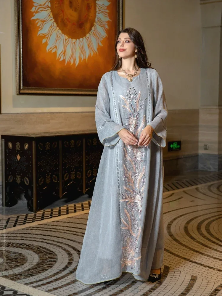 Eid Morocco Party Dress for Women Sequins Beading Mesh Abaya Morocco Kaftan Long Vestidos Ramadan Gown Dresses Saudi Arab Robe