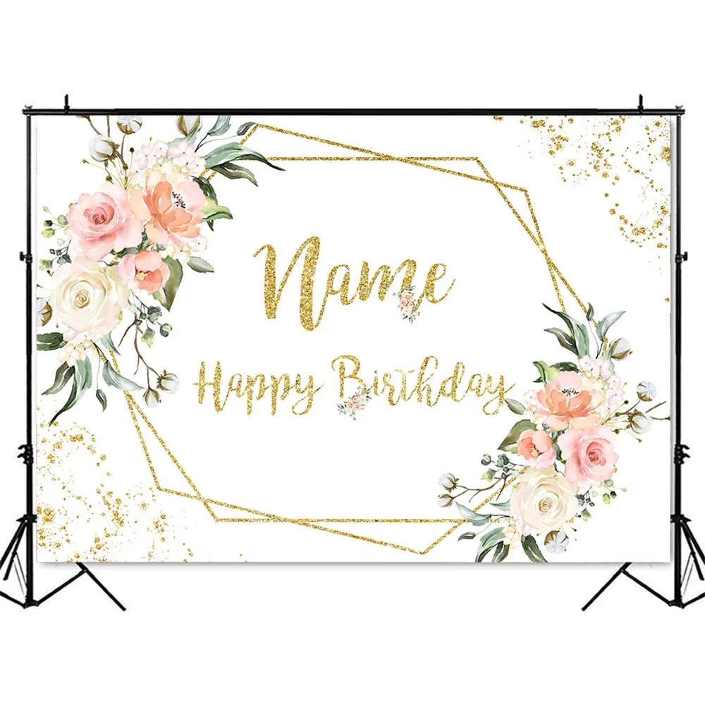 NOMBRE feliz cumpleaños personalizado telón de fondo rosa Floral decoración suministros sesión fotográfica punto dorado personalizar DIY suministros