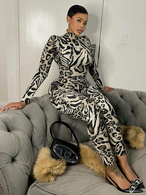Kliou Leopard Print Jumpsuit Woman Autumn Trend Turtleneck Full Sleeve Skinny Peach Hip Hot Girls Midnight Sexy Fashion Overalls