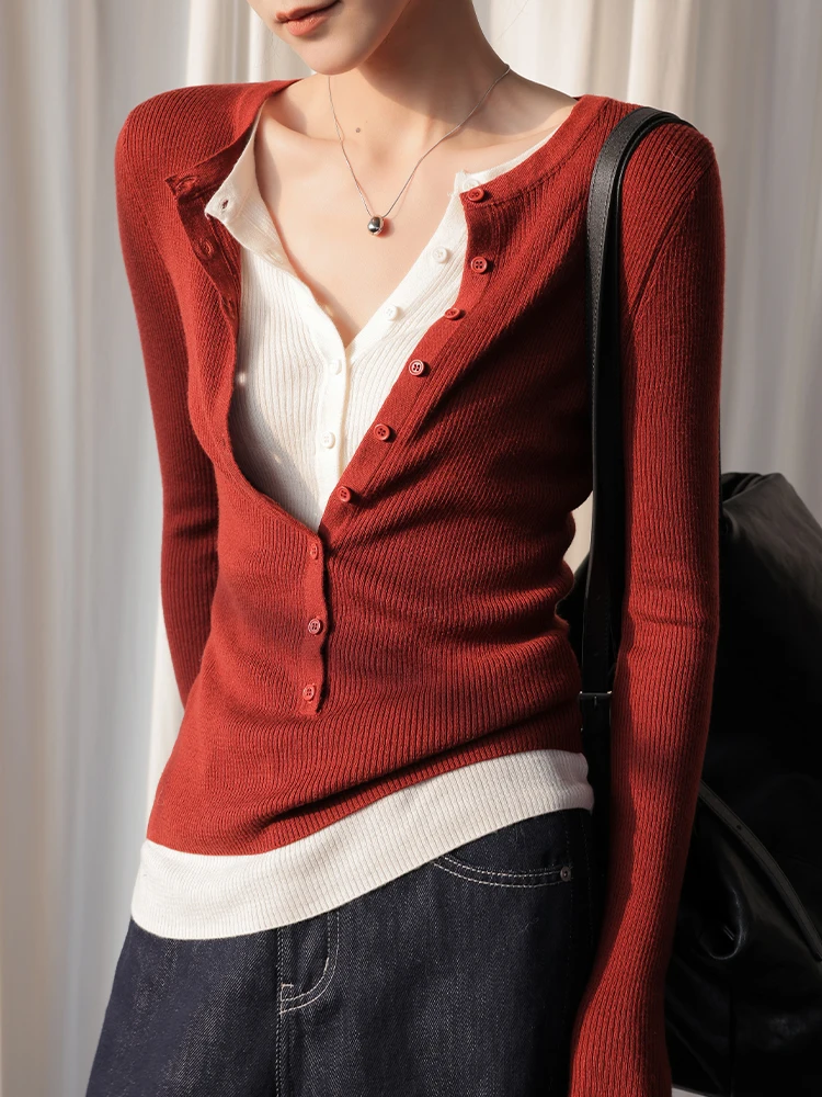 

JWUNIQUE Women's Slim Fit V-Neck Long Sleeve Knitted Sweater Fake Two-Piece Style Spring Autumn Red Wine Dimple Design
