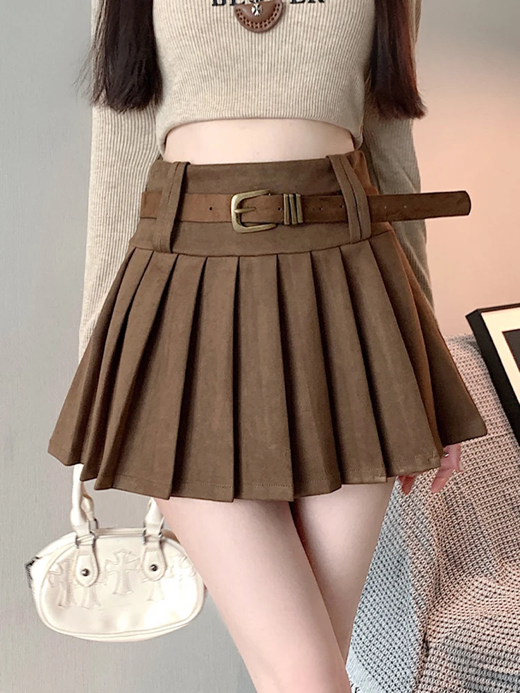 Spódnica mini z imitacji zamszu, z paskiem, plisowana, damska, z wysokim stanem, w stylu vintage, seksowna, jesienno-zimowa, w stylu preppy, koreańska spódnica w kształcie litery A.