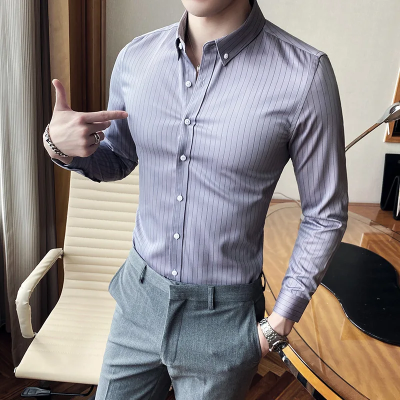 

2023 Korean Slim Fit Business Formal Wear Striped Men Dress Shirts Long Sleeve Shirts Gentlemen Office Blouses Top Quality S-3XL