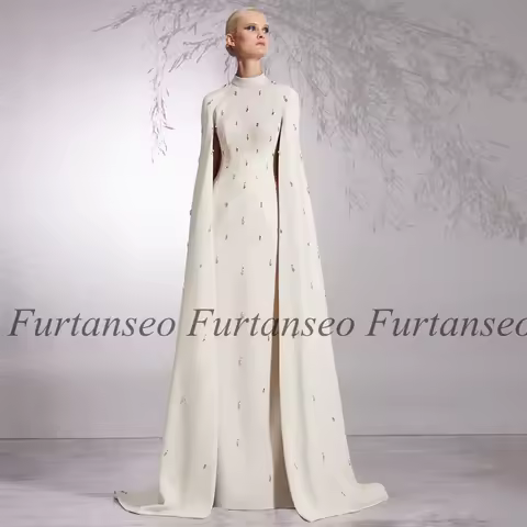 Stones Prom Dress Saudi Party Gown Customized High Neck Beadings Cape Straight Dubai Evening Dress for Women Pageant Dresses