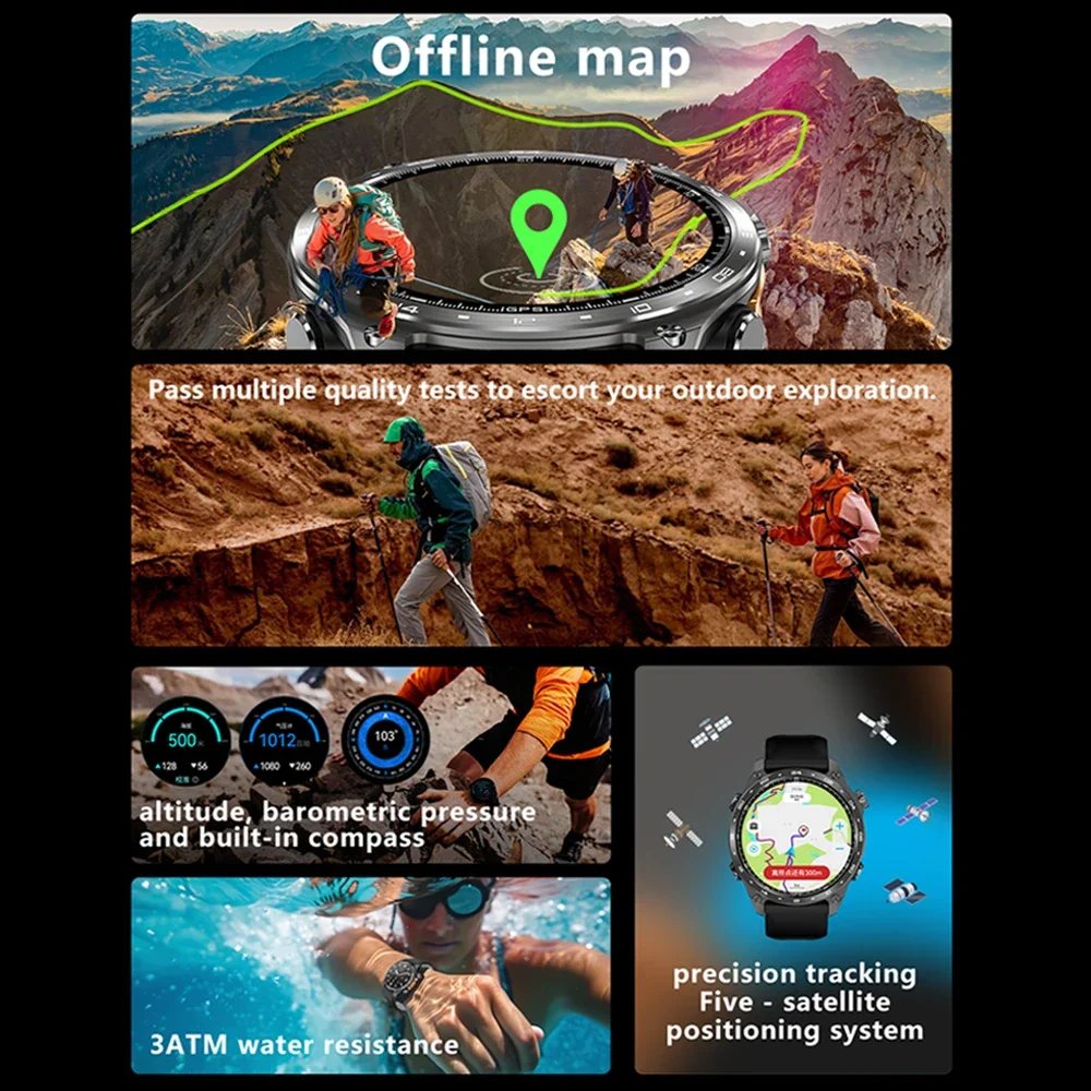 2025 جديد رجل عسكري Smartwatch المدمج في نظام تحديد المواقع بلوتوث دعوة مقياس الارتفاع الجوي 3ATM مقاوم للماء الساعات الرياضية ساعة ذكية الرجال